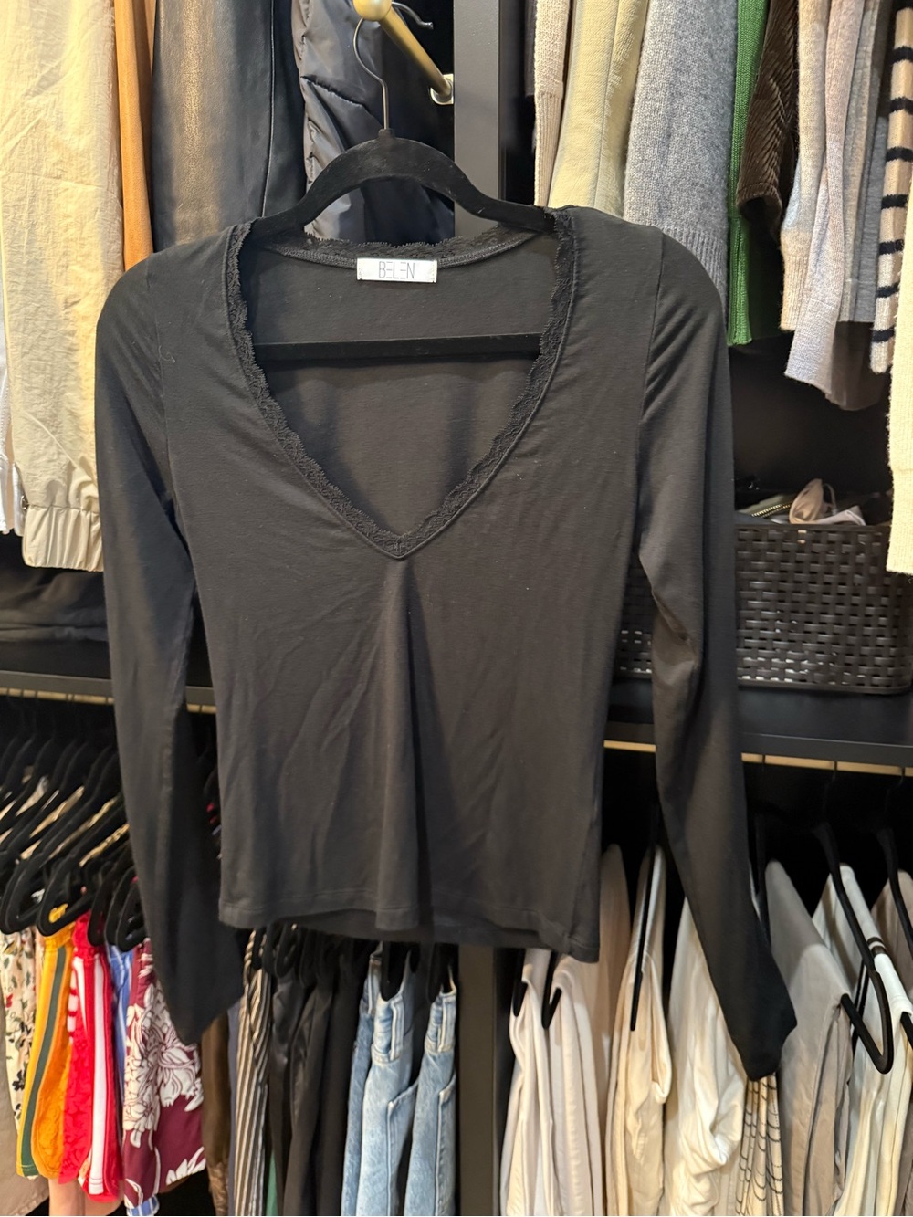 Black Long-Sleeve V-Neck Lace Trim Top
